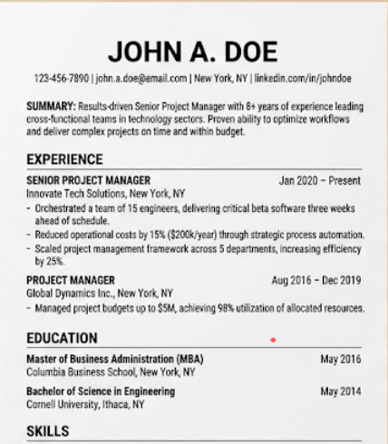 Staggered double-column resume with visual skill charts