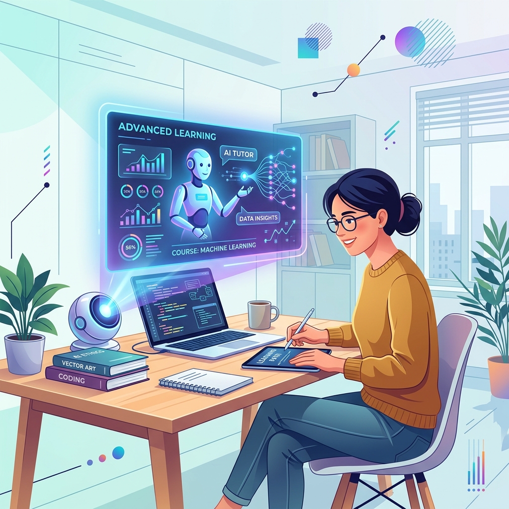 Modern conceptual illustration of a student studying at a desk with a glowing holographic AI assistant.
