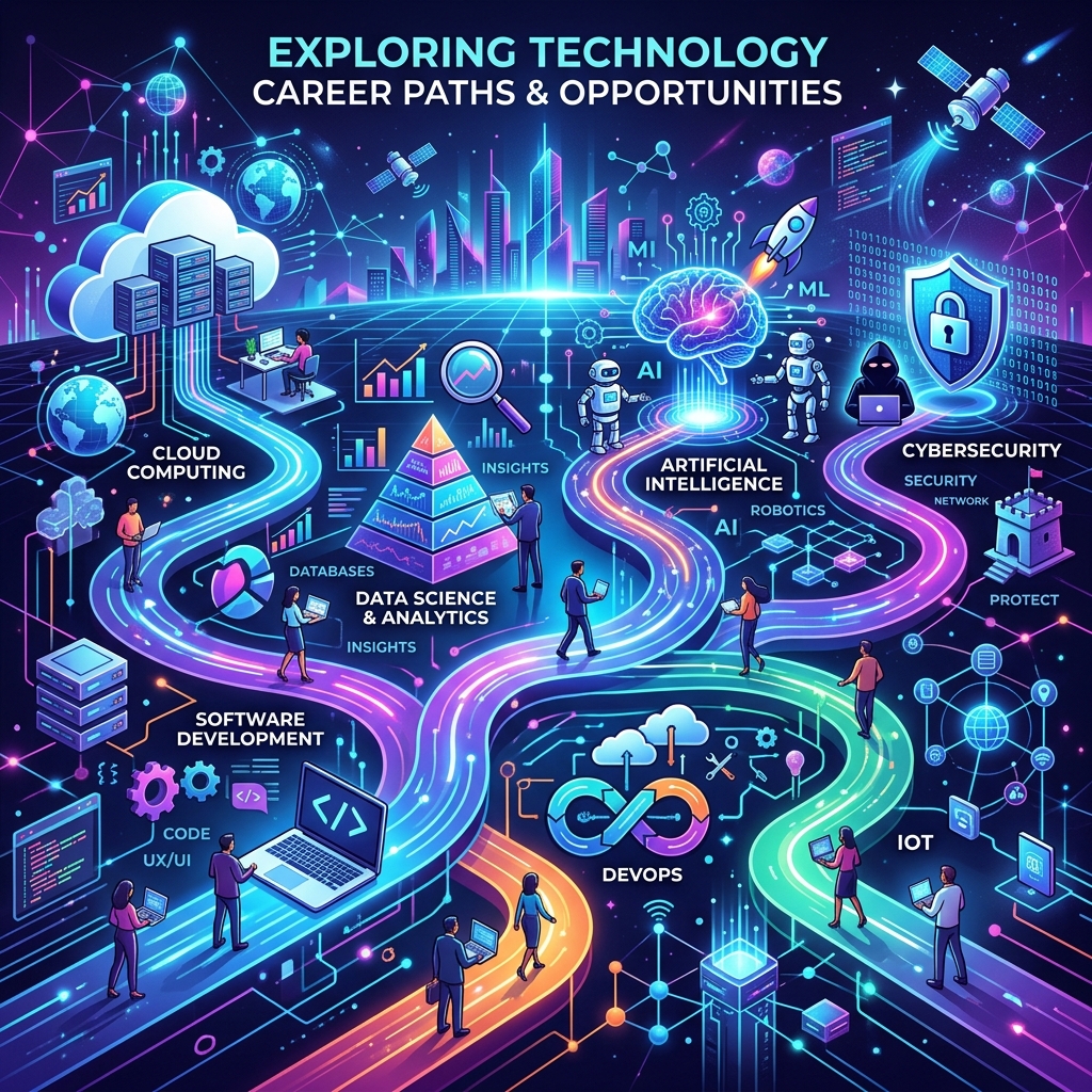 Representation of diverse careers through technologies abstractly.