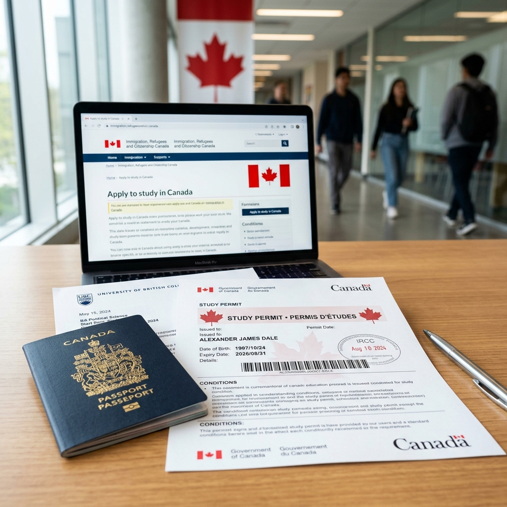 A professional photograph showing a Canadian passport, study permit documents, and the official IRCC logo on a laptop screen.
