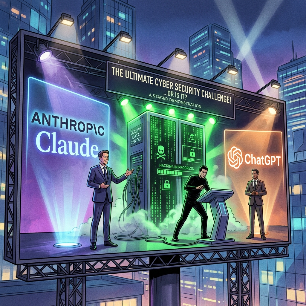 A dramatic illustration showing a staged cybersecurity hack as a marketing billboard, featuring Anthropic Claude and OpenAI ChatGPT logos.