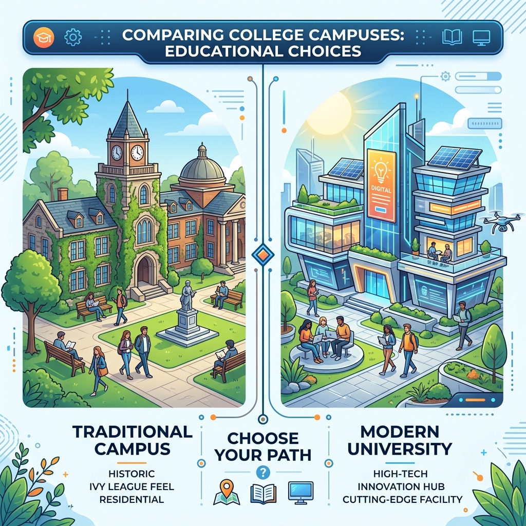 Conceptual illustration comparing different types of college campuses.