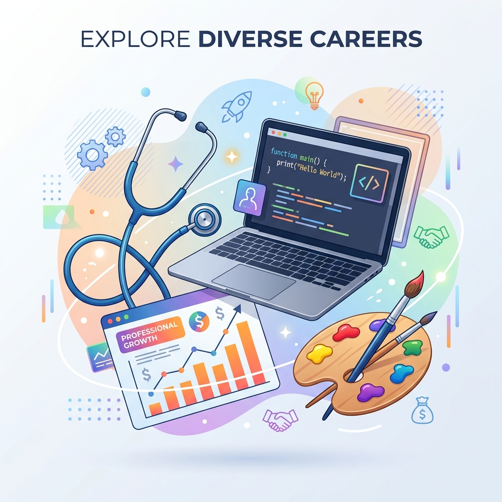 Stylized modern illustration showing various professional tools representing diverse career choices.