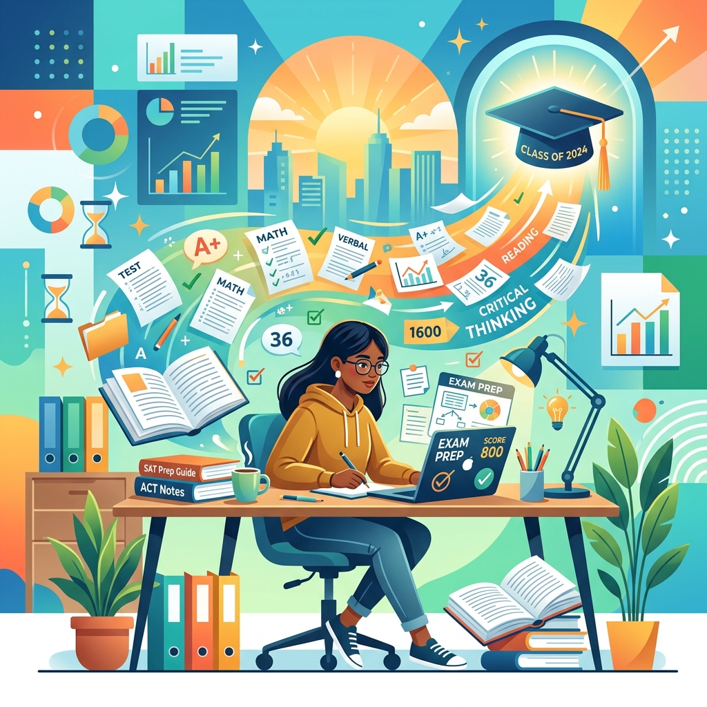 Stylized modern illustration of a student studying for standardized entrance exams.