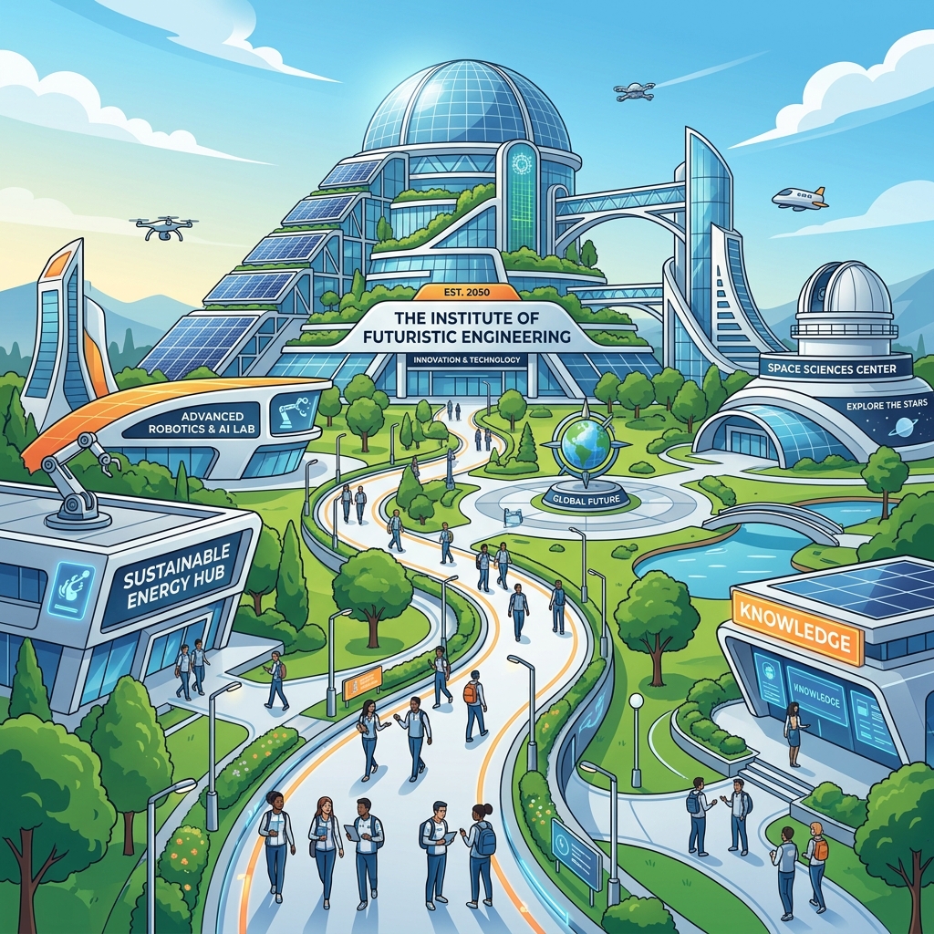 Majestic conceptual illustration of an elite, futuristic engineering institute campus.