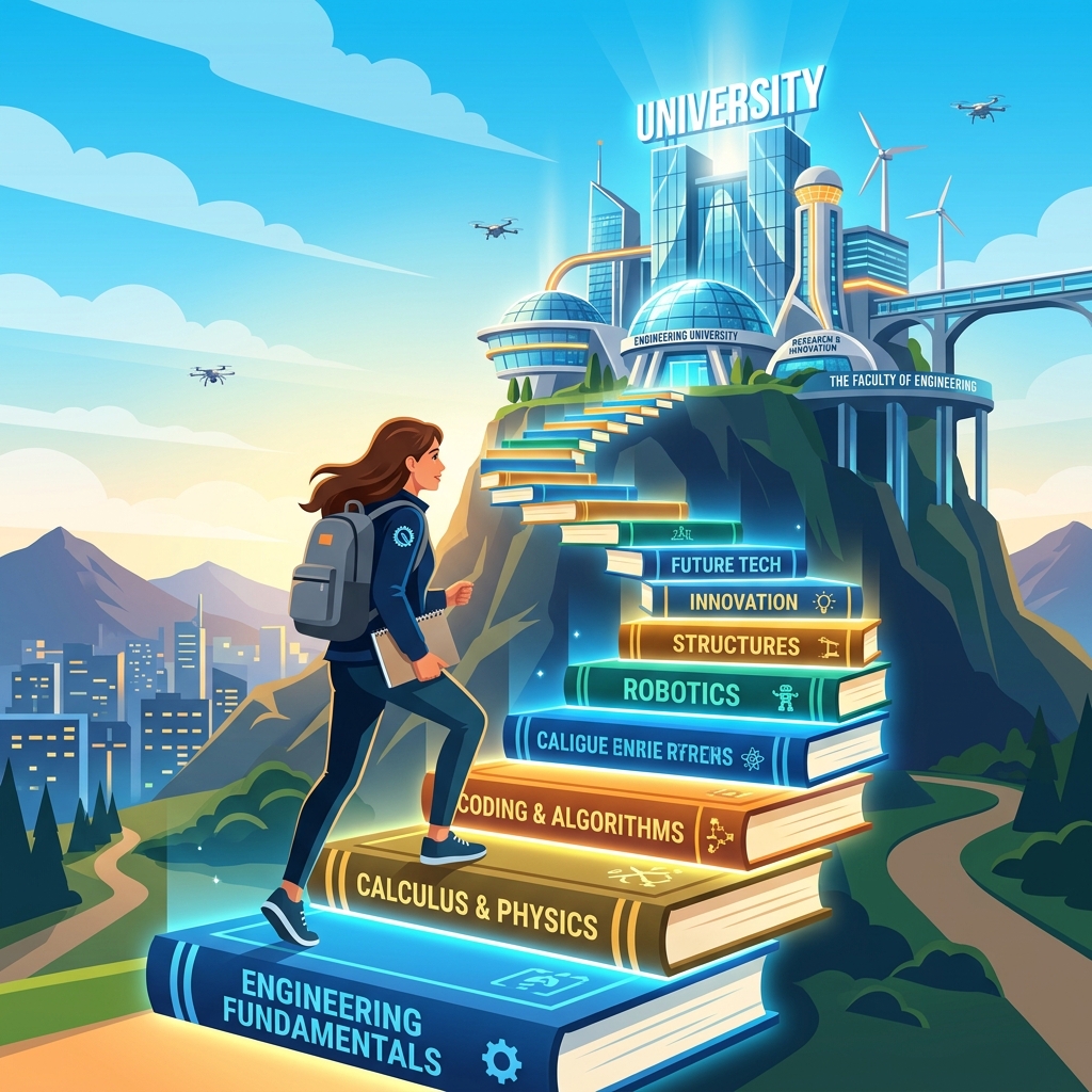 Conceptual illustration of a student climbing a glowing staircase made of textbooks towards a high-tech university.