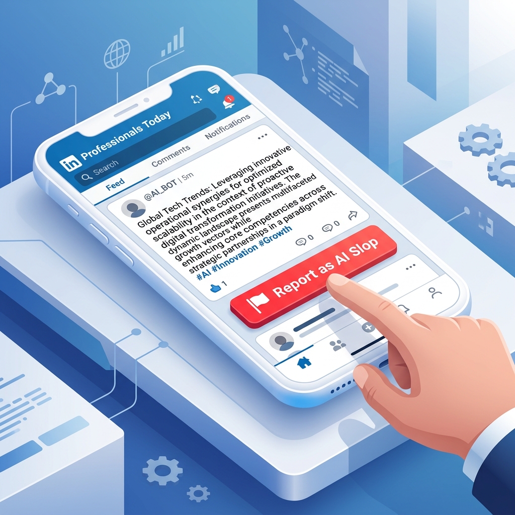 Illustration of a user reporting a post as AI slop on LinkedIn