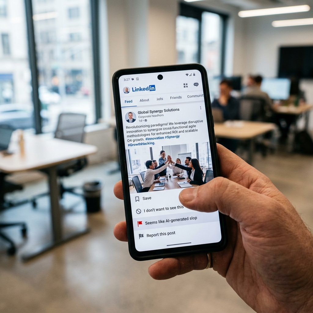 A realistic photograph of a user's phone showing the LinkedIn app with a new menu option to report AI-generated slop.