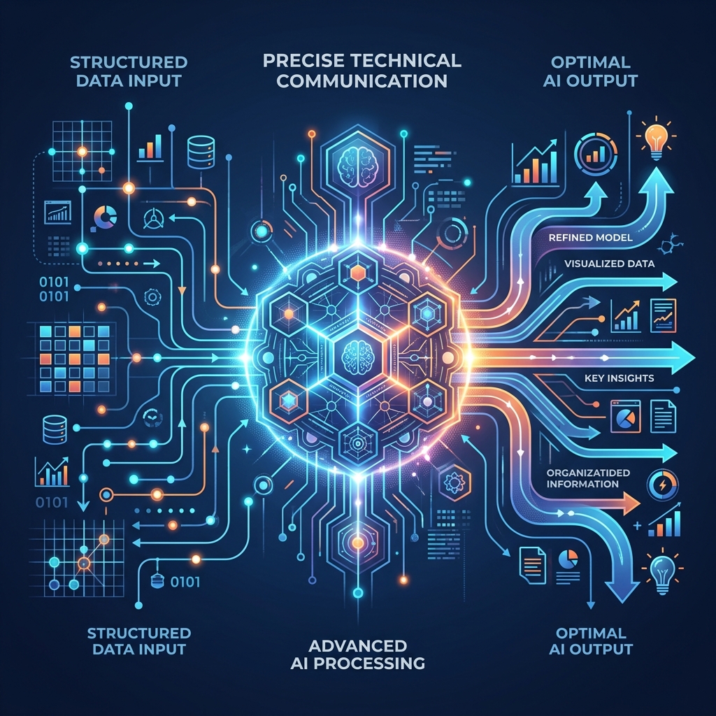Abstract illustration representing precise technical communication, structured data input, and optimal AI output