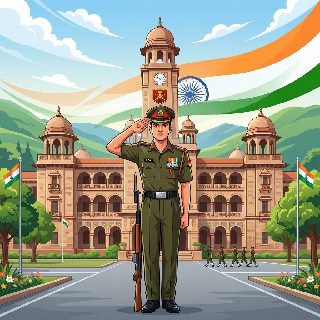 Conceptual image of a young soldier cadet of the Indian army standing in front of NDA Khadakwasla with pride in the 21st century.
