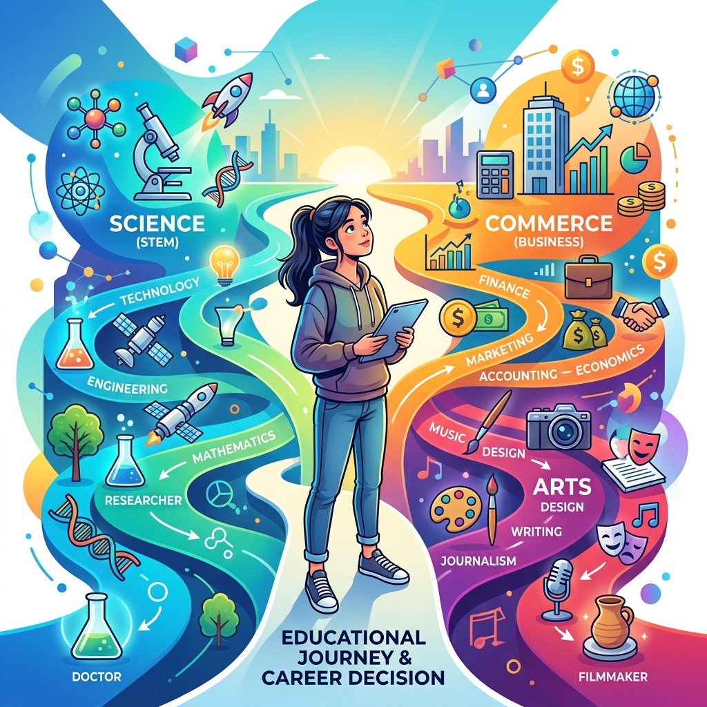 Conceptual illustration of a student looking at multiple career paths and educational opportunities.