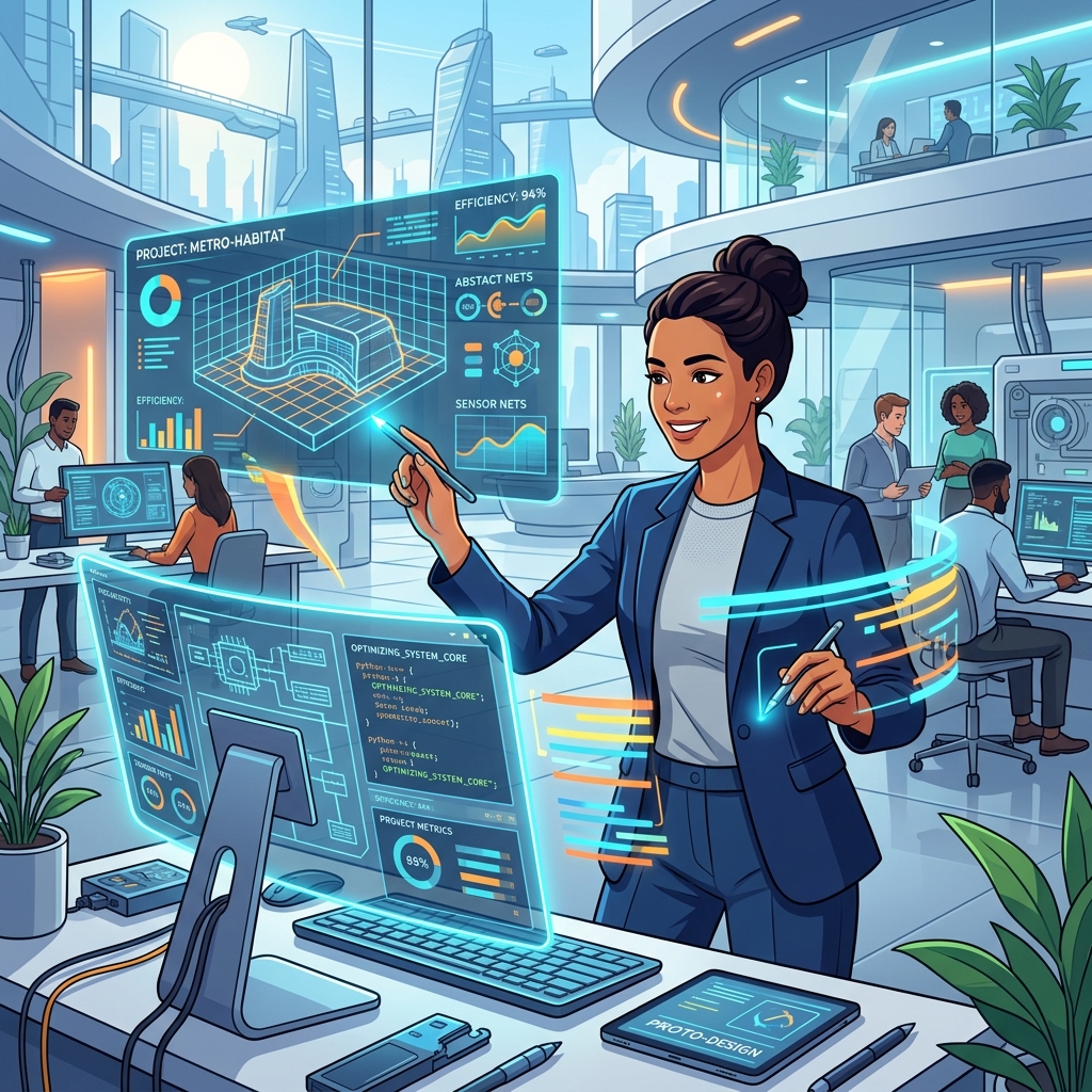 Modern illustration of a young engineering professional working in a futuristic corporate office.
