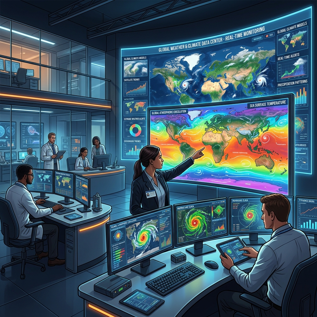 A high technology meteorological command center where a team of climatologists monitors worldwide hurricanes and other storms.